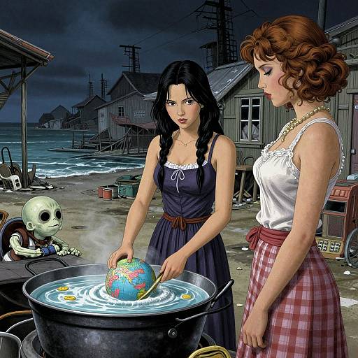 Digital artwork: Two women, one with black braids, one with curly brown hair, cooking a steaming globe in a cauldron on a