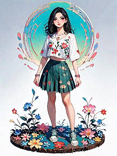 Young Woman in Floral Crop Top and Skater Skirt