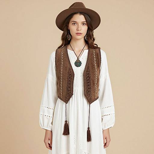 Photograph of a woman with wavy brown hair, wearing a brown wide-brim hat, white embroidered dress, brown crocheted vest, and
