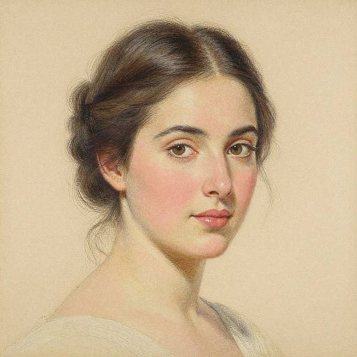 Digital painting of a young woman with fair skin, brown eyes, and dark brown hair in a loose bun, wearing a light beige top, against a
