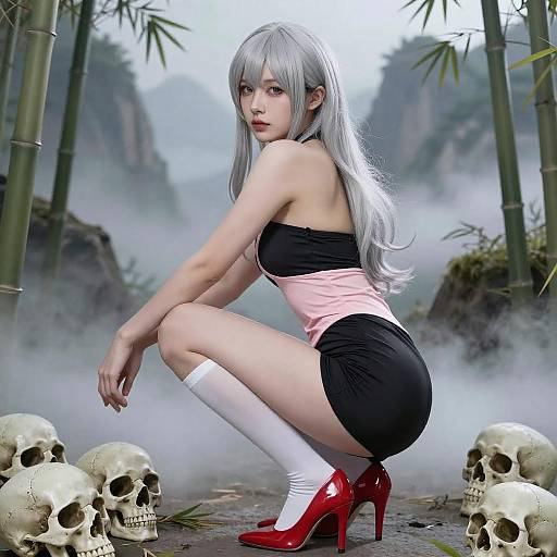 Silver-Haired Woman Among Skulls