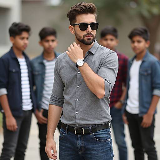 Photograph of a handsome bearded man in black sunglasses, grey button-up shirt, and blue jeans, adjusting his watch, with four men in casual