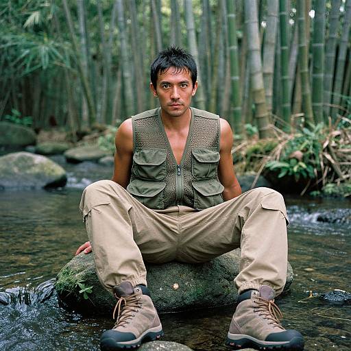 Man in Olive Fishing Vest by Bamboo