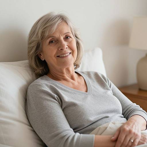 Photograph of a smiling elderly woman with gray hair, wearing a light gray sweater, lying in bed with white pillows. Bright sunlight from a window illumin