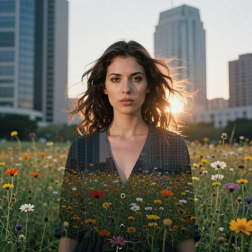 Photograph of a young woman with wavy dark hair, wearing a black V-neck shirt, standing in a sunlit field of colorful wildflowers with