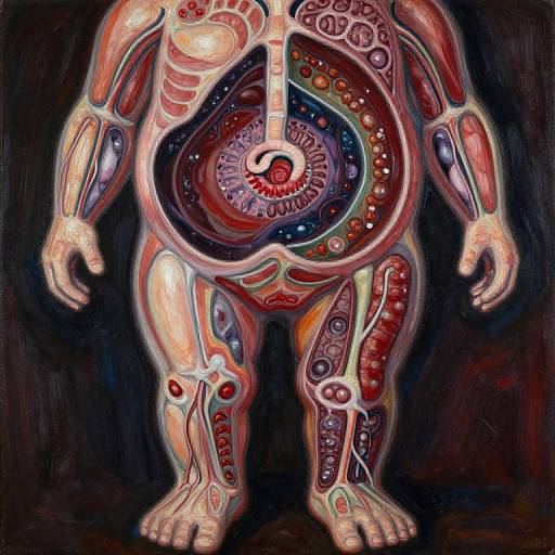 Surreal, abstract digital painting of a human torso with vibrant, multi-colored internal organs and mechanisms, set against a dark background.