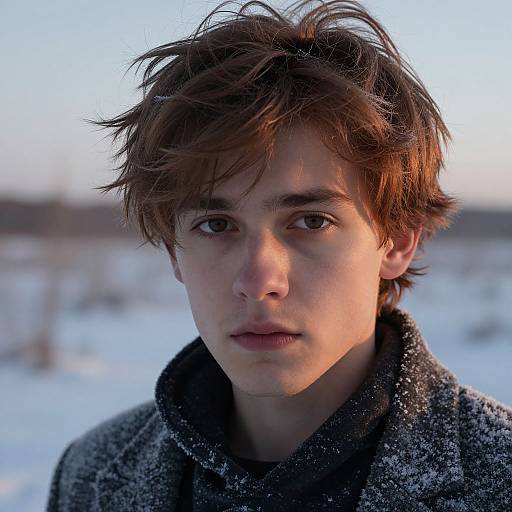 Pensive Young Man in Winter Landscape