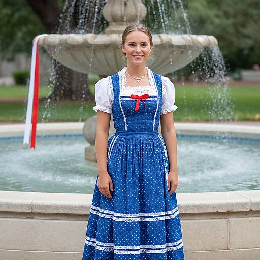 Photograph of a smiling young woman in a blue dirndl with white sleeves and red bow, standing in front of a fountain with water splashing.