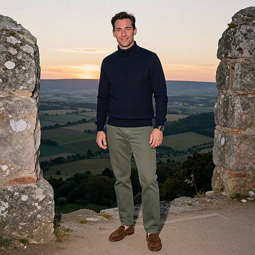 Photograph of a man with short brown hair, wearing a navy sweater, green pants, and brown shoes, standing between two stone ruins at sunset,