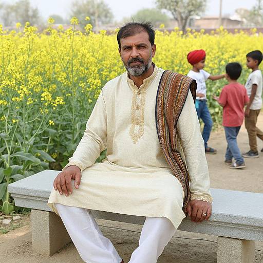 Middle-aged South Asian man with black beard, white traditional kurta, and striped shawl, sitting on bench in vibrant yellow flower field; children in