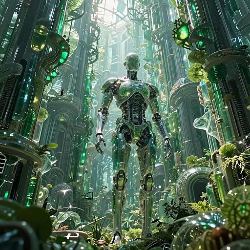 Cyborg standing in futuristic, neon-lit cathedral filled with glowing plants and intricate machinery. Sci-fi digital art, vibrant greens and blues.