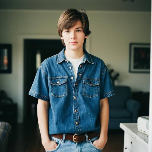 Teenage Boy in Denim Outfit at Home
