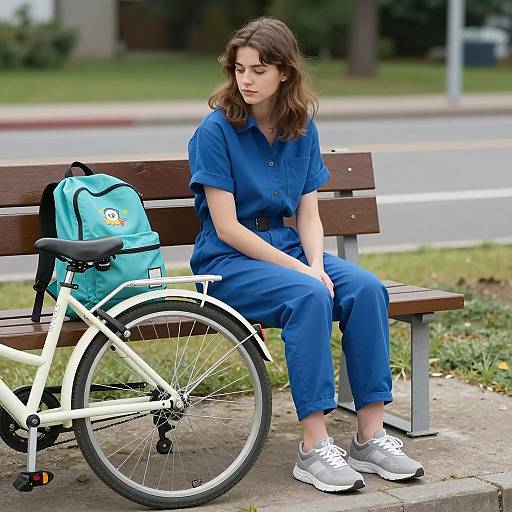 Young Woman on Bench with Bicycle