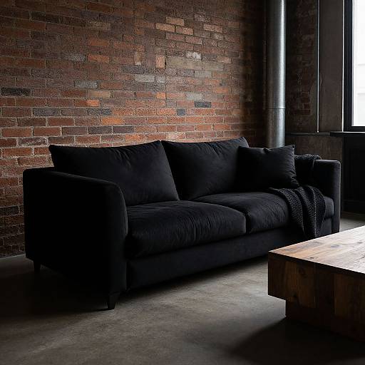 Photograph of a modern black velvet sofa with two pillows and a draped blanket, against an exposed red brick wall, beside a wooden coffee table, in