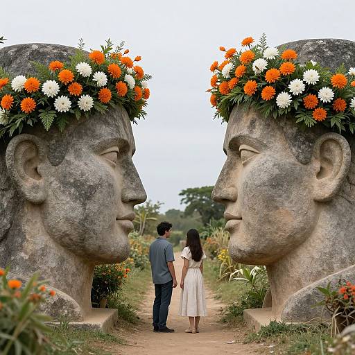 Photograph of a couple in white attire walking between two large, stone, faceless statues adorned with orange and white flower crowns.