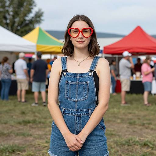 Photograph of a young woman with red glasses, wearing blue denim overalls, standing in a grassy outdoor market with colorful tents and people in the