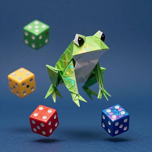 Photograph of a green, origami frog with black eyes, jumping between colorful dice (green, yellow, red, blue) on a blue background
