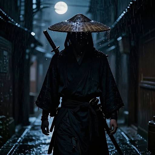 Cyber Samurai Silhouette in Rain