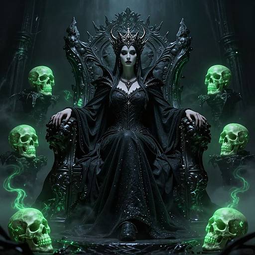 Digital artwork of a dark, gothic queen with a crown, black gown, and ornate throne, surrounded by glowing green skulls.