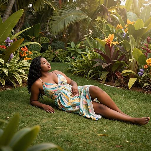 Photograph of a dark-skinned woman with curly hair, wearing a colorful sundress, lying on lush green grass amidst vibrant tropical plants and flowers,