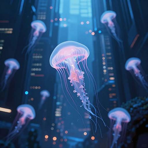 Photograph of glowing blue and white jellyfish floating in a dark, illuminated underwater cityscape with tall, lit buildings in the background.