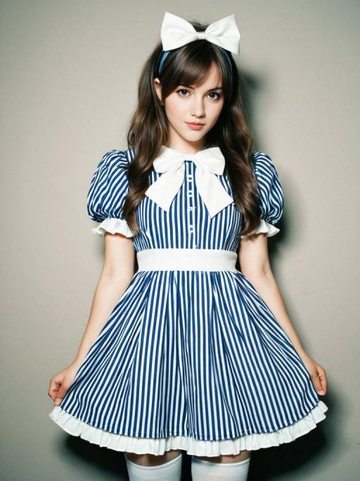 Young Woman in Blue Striped Dress with White Bow