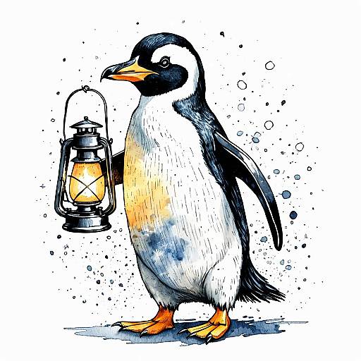 Whimsical Penguin Holding Lantern Illustration