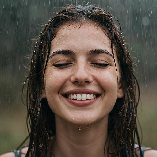 Close-up photograph of a smiling young woman with wet, dark brown hair, raindrops on her face, eyes closed, and teeth showing, set against