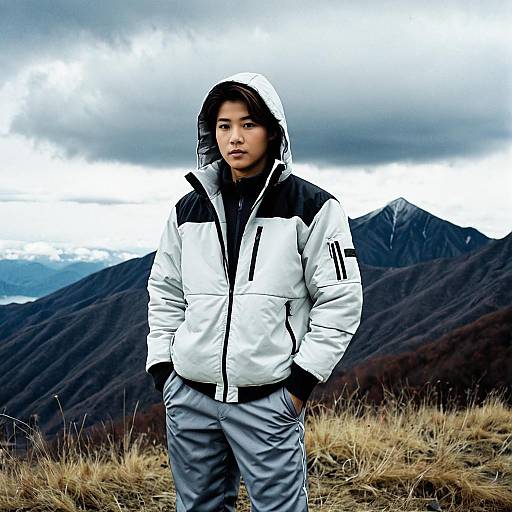 Young Asian Man in White Hooded Jacket on Mountain