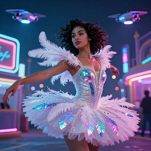 Photorealistic CGI of a curly-haired woman in a sparkling, white feathered ball gown, dancing on a neon-lit urban street.