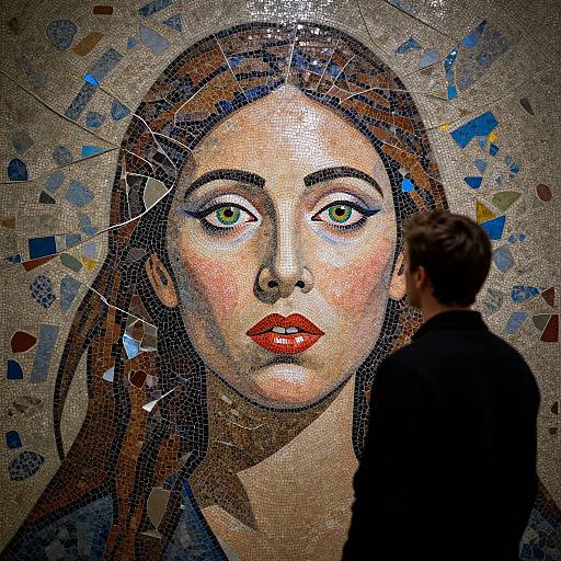 Photograph of a mosaic artwork depicting a striking, red-lipstick woman with green eyes, surrounded by broken glass pieces, and a silhouet