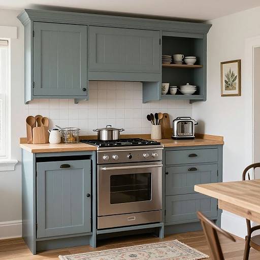 Photograph of a vintage-style kitchen with blue-gray cabinets, wooden countertops, white tiled backsplash, stainless steel oven, and wooden utensils.