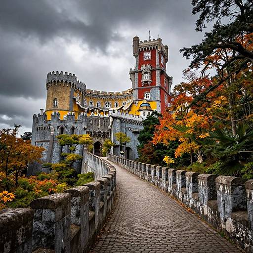 Photograph of a medieval castle with gray stone walls, red tower, and autumn foliage, under a cloudy sky, on a cobblestone path.