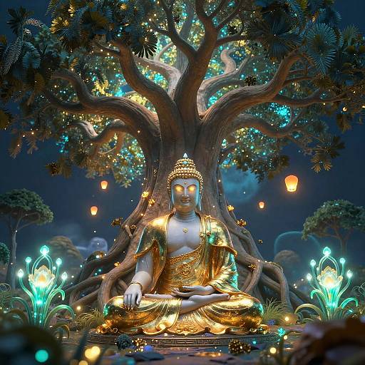 Futuristic Buddha Meditating Under Bodhi