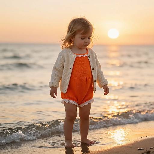 Photograph of a blonde toddler in an orange dress and white cardigan, standing on a beach at sunset, with gentle waves touching her feet.