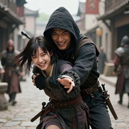 Photograph of two smiling Asian martial artists in hooded black robes, hugging and reaching forward in a medieval, cobblestone street.