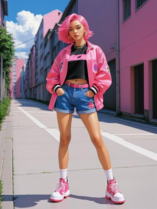 Stylish Pink-Haired Woman in Urban Streetwear