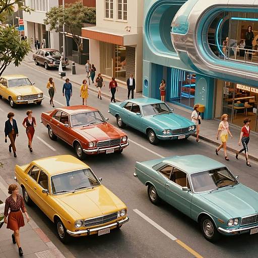 Photograph of a vibrant 1960s city street with colorful vintage cars (yellow, red, blue) and pedestrians, featuring a modern, curved