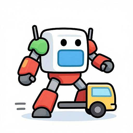 Cartoon-style drawing of a white, square-headed robot with black eyes, red limbs, and a green ear, pushing a yellow truck.
