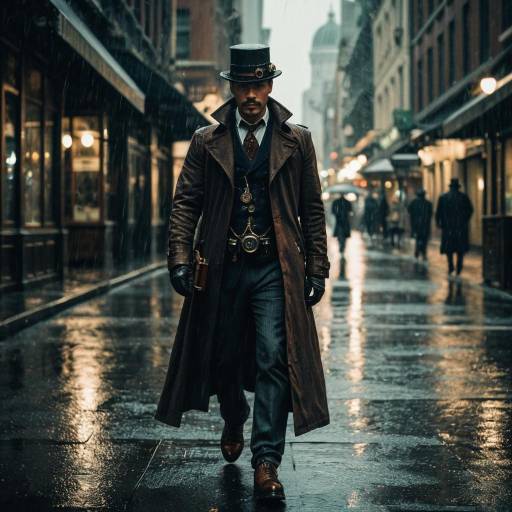 High-Detail Steampunk Detective in Rain