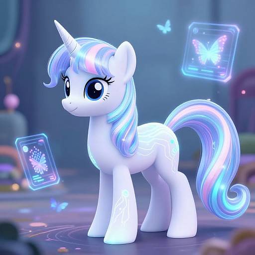 Digital artwork of a white, glowing unicorn with a blue and pink mane, large blue eyes, and a unicorn horn, surrounded by floating, glowing butterfly