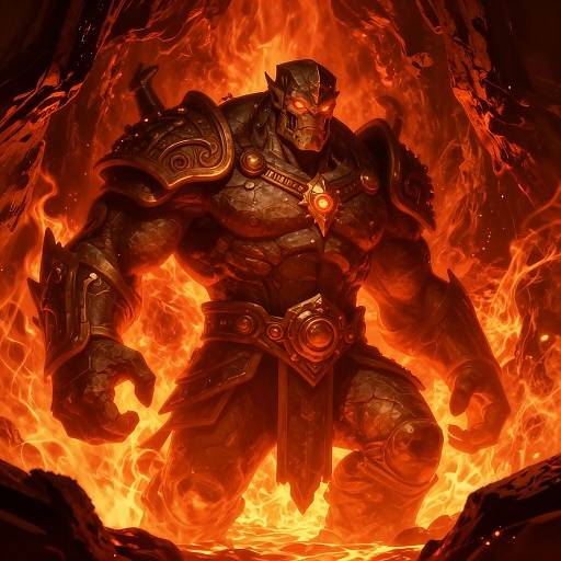 Digital artwork of a muscular, armored, dark-skinned demon with glowing red eyes, standing in intense, fiery lava, surrounded by flames.