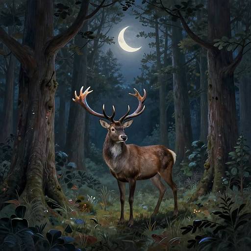 Digital artwork of a majestic, brown deer with large antlers standing in a moonlit, dense forest under a crescent moon.