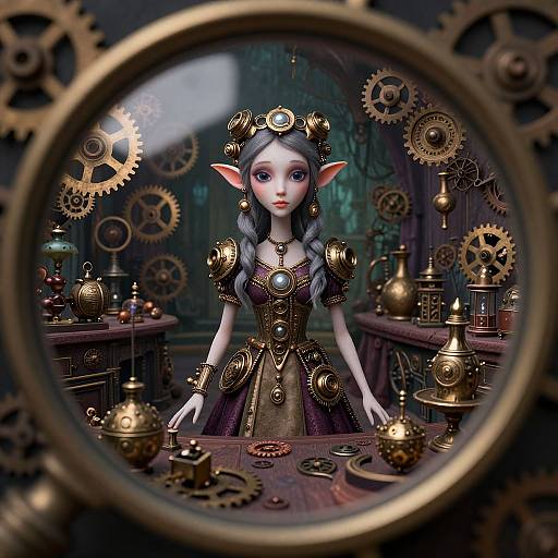 Digital art of an elf woman with silver hair and pointed ears, wearing an ornate steampunk dress, surrounded by brass gears and teapots