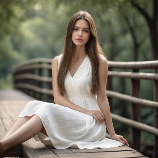 Young Woman in White Dress Sitting on Wooden Bridge