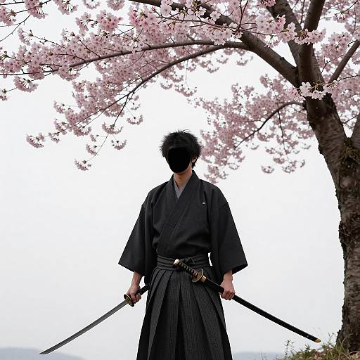 Samurai Silhouette Under Cherry Blossoms