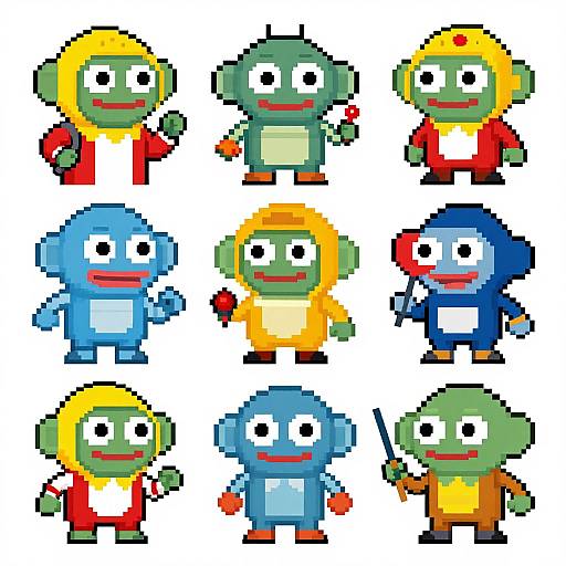 Pixel art of nine colorful, cartoonish, green humanoid characters with different outfits and colors, arranged in a 3x3 grid against a white background
