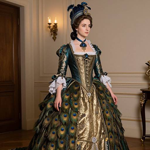 Photograph of a fair-skinned woman in an elaborate 18th-century peacock-feathered gown with gold embroidery, white lace cuffs, and