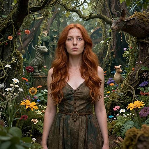 Photograph-style digital art of a red-haired woman with fair skin and freckles, wearing a brown, sleeveless dress, standing in a lush