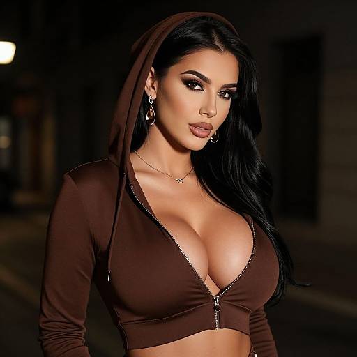 Photograph of a dark-haired woman with large breasts, wearing a brown, zippered, deep V-neck top, and a matching hood, in a